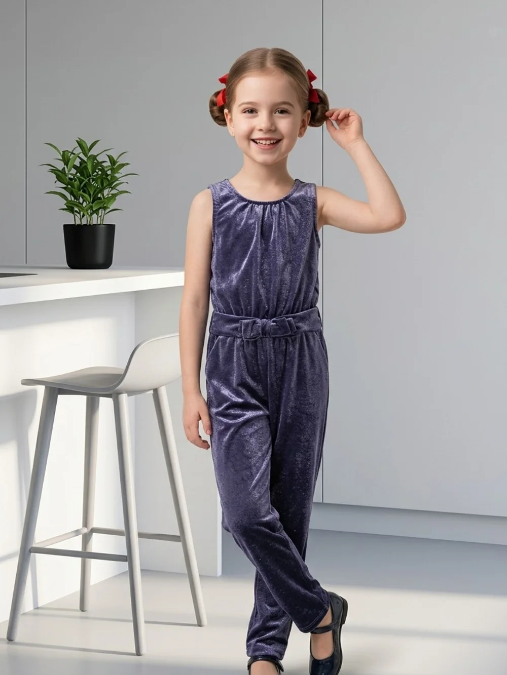OshKosh B'gosh Girls Velvet Sleeveless Jumpsuit in Deep Purple with Bow